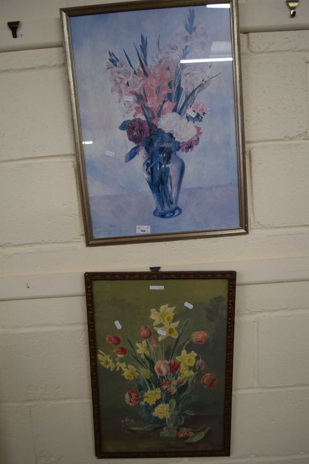 20th Century school study of vases of Spring flowers, watercolour, framed and glazed together with a