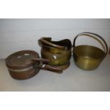 A copper saucepan, a brass coal bucket and a brass preserve pan (3)