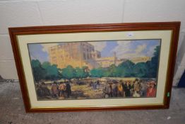 After Charles Fouqueray, Norwich Castle with Cattlemarket in Foreground, coloured print, framed