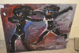 20th Century abstract study of two figures, oil on sheet metal