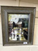 20th Century continental school study of a abstract harbour scene, oil on board