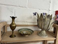 Metal ware jardiniere with moulded irises together with a vase and a plate