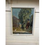 J Crossley, study of a rural scene with buildings, oil on canvas, framed