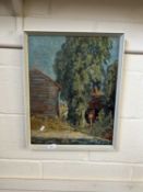 J Crossley, study of a rural scene with buildings, oil on canvas, framed