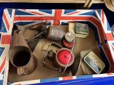 Mixed Lot: Vintage workmans lamp, oil cans, tobacco tins etc