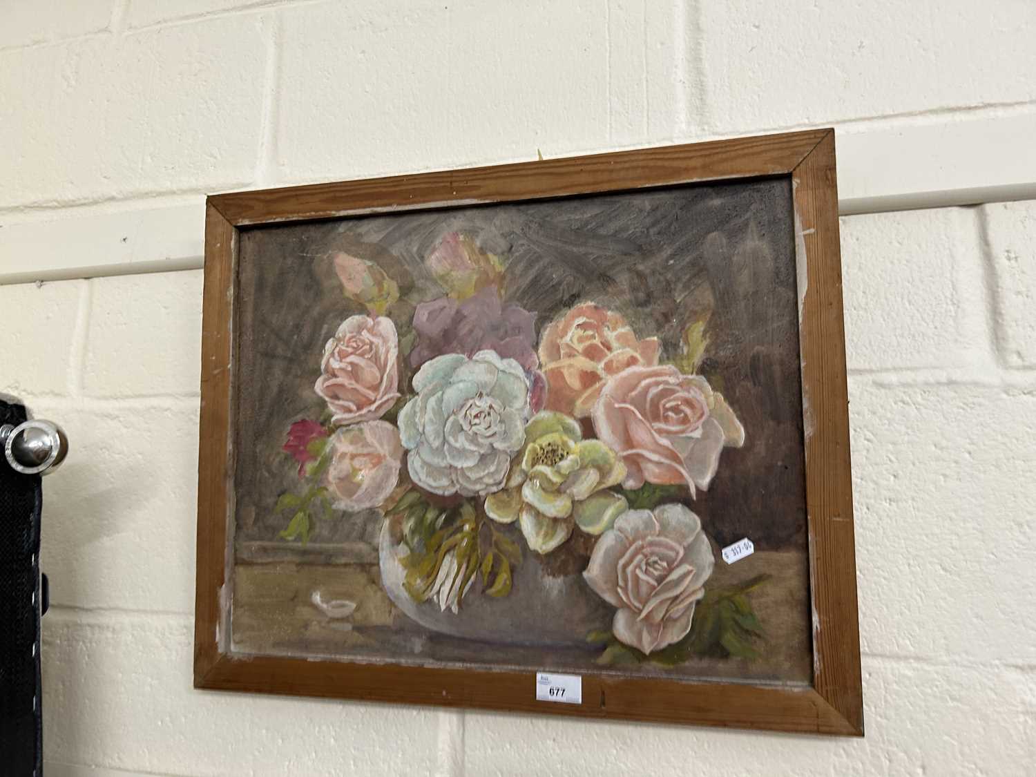 20th Century school study of a vase of flowers, oil on board, set in a pine frame