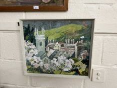 M P Holt, study of a village scene with blossom in the foreground, framed and glazed