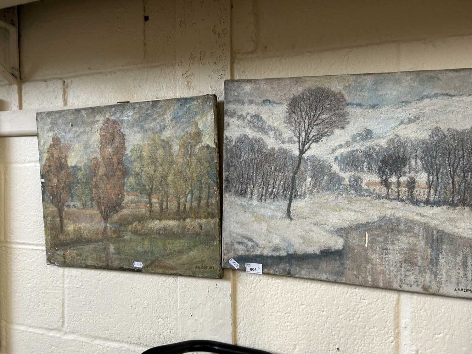 J R R Crossley, two studies of rural landscapes, autumn and winter, oil on canvas