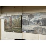J R R Crossley, two studies of rural landscapes, autumn and winter, oil on canvas