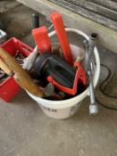 Bucket of various assorted tools, torch etc