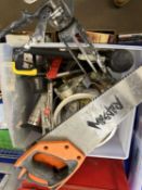 Box of assorted workshop contents to include saws, malletts etc