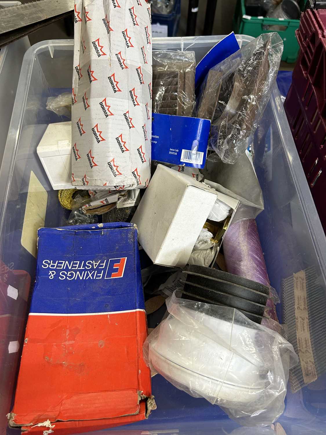 Quantity of assorted workshop contents to include brass door latch, guttering, fixings and