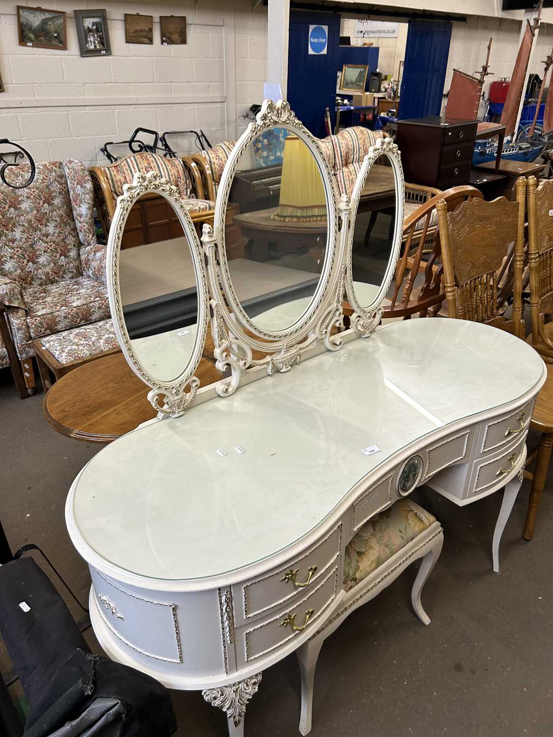 White finish kidney shape dressing table and stool