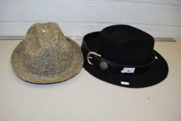 A Dunn & Co tweed hat together with a Black Wall fedora and a leather belt (3)