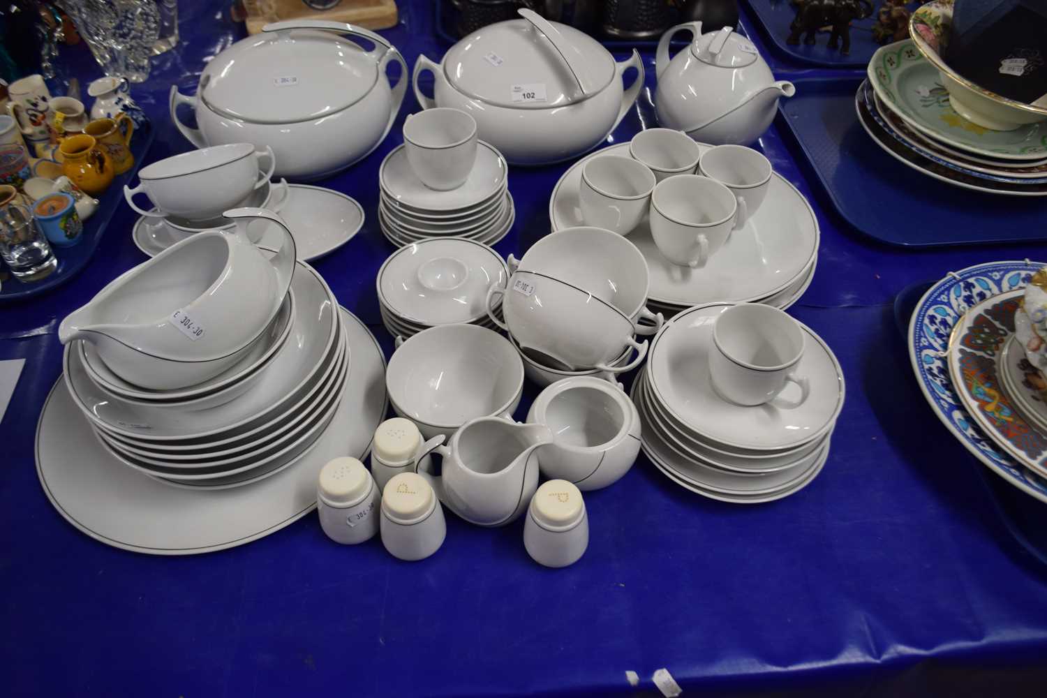 Large quantity of German dinner wares in white with black trim