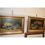 A pair of still lifes by I Randal, oil on canvas in gilt frames