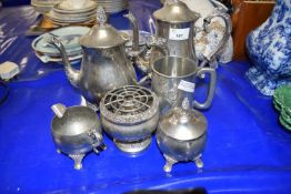 Three piece white metal teaset together with other metal wares