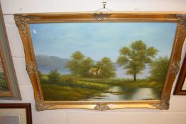 Cottage by a River by P Wilson, oil on canvas in modern gilt frame