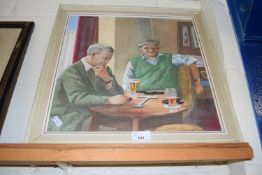 Two Gentlemen Playing Dominoes in a Pub by J Hardy, 1976, oil on canvas