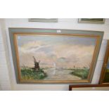Broadland scene with windmill and boats, oil on canvas, framed