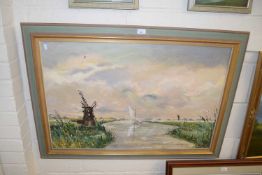 Broadland scene with windmill and boats, oil on canvas, framed