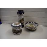 Trio of Japanese ceramics to include a vase, a bowl and a tiffin style three tiered dish and cover