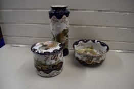 Trio of Japanese ceramics to include a vase, a bowl and a tiffin style three tiered dish and cover