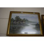 Far Eastern river scene, framed and glazed