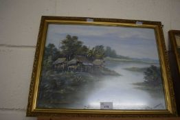 Far Eastern river scene, framed and glazed