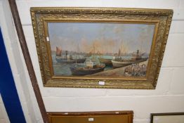 Boats at a harbour, oil on panel by G E Mortimer