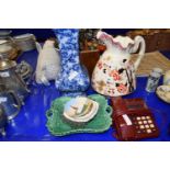 Mixed Lot: Two square cabbage leaf dishes, a vase, large jug, telephone etc