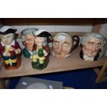 Three Royal Doulton character jugs to include The Lawyer, Apothecary and another together with two