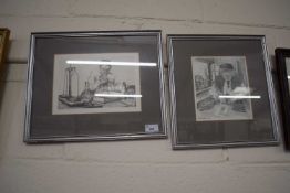 Two pencil sketches of a lady and a gentleman, framed and glazed