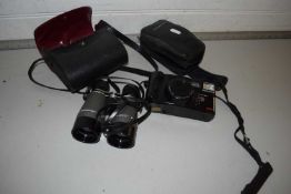 An Olympus AZ-1 Zoom film camera together with a pair of cased binoculars (2)