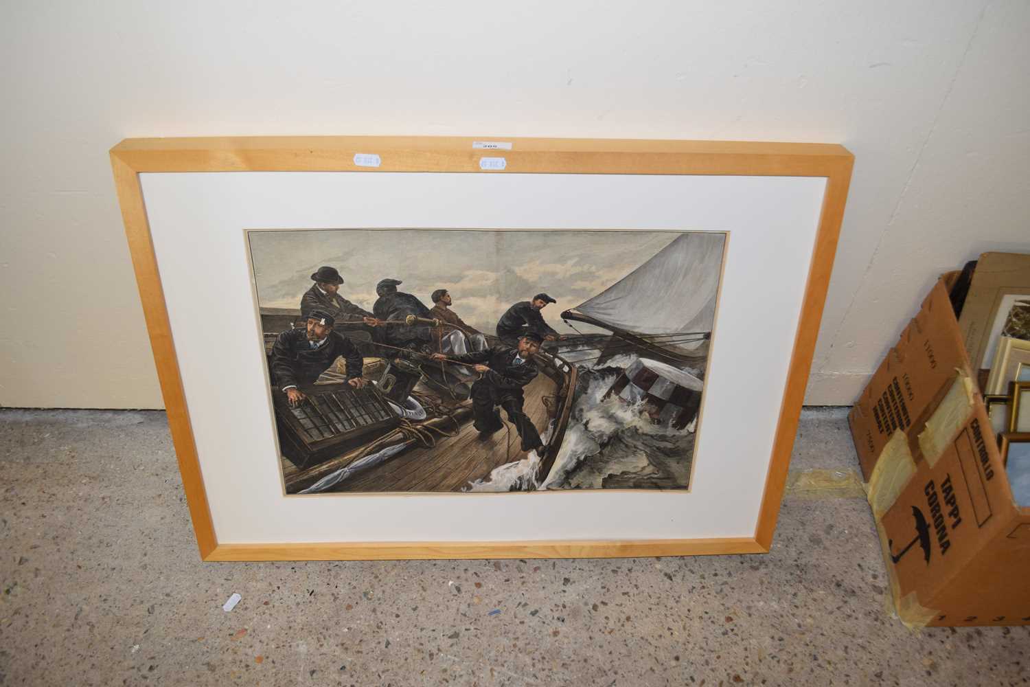 Coloured engraving of men at sea, framed