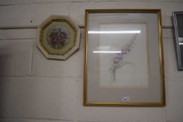 Study of Foxgloves, framed and glazed together with a study of Roses in a octagonal frame (2)