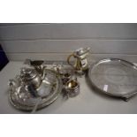 Quantity of assorted metal wares to include trays, salvers, teapot etc