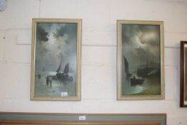 A pair of reproduction boating and fishing scenes at night by F Arnold, framed and glazed