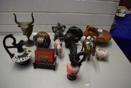 Mixed Lot: A Ganesh figurine, bulls head on a stand and other decorative items