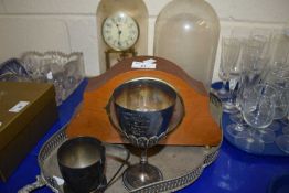 Mixed Lot: Metal ware tray, goblet, clocks, perspex dome etc