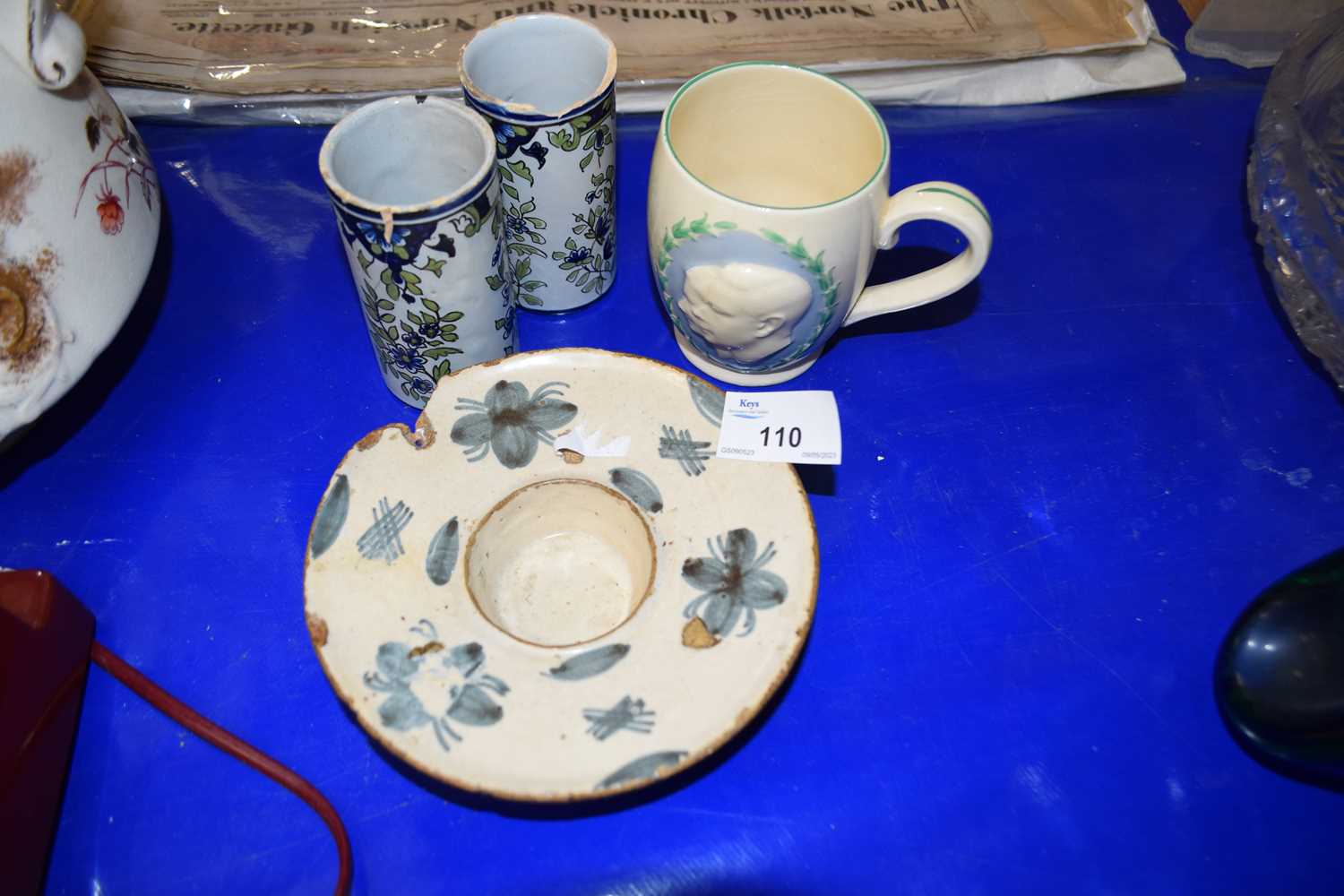 A Burleigh royal commemorative mug together with two spill vases and a stone ware dish