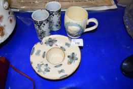 A Burleigh royal commemorative mug together with two spill vases and a stone ware dish