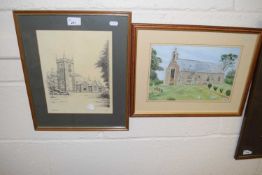 Reproduction monochrome print of Sandringham Church together with a Gouache of a Church