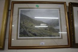 Reproduction print of stags on a mountainside by V Balfour-Browne, framed and glazed