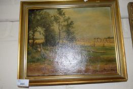 British School, 20th century, view across a rural landscape with distant haystacks, oil on canvas,