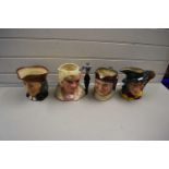 Four Royal Doulton character jugs, to include Pied Piper, Mae West and two others