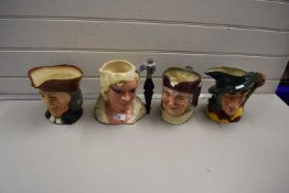 Four Royal Doulton character jugs, to include Pied Piper, Mae West and two others