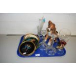 Pair of pressed glass candlesticks, a model of a Boxer puppy and other items