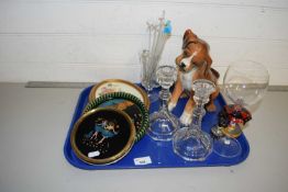 Pair of pressed glass candlesticks, a model of a Boxer puppy and other items
