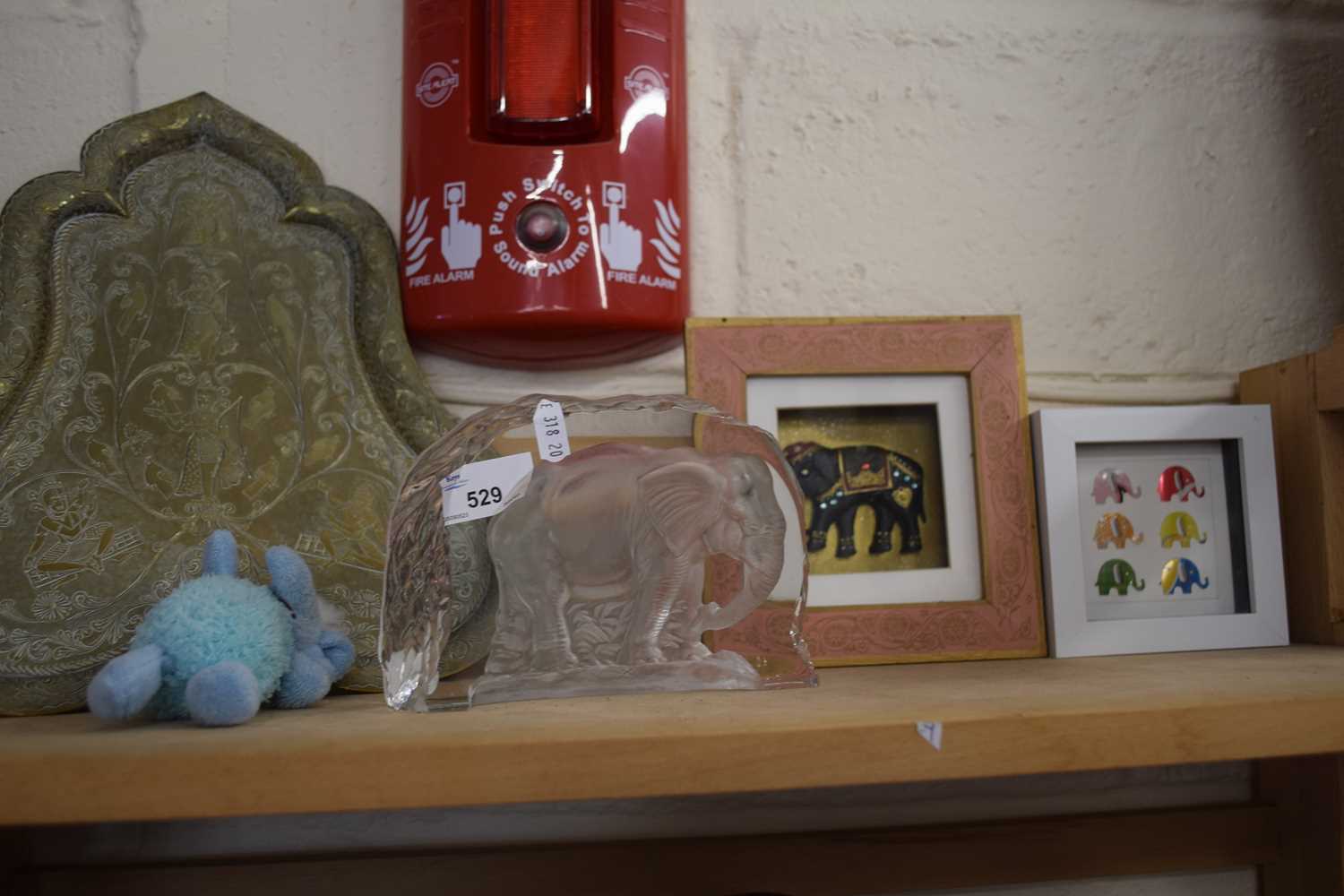 Large glass elephant paperweight with engraved mark to base together with a Persian style brass tray